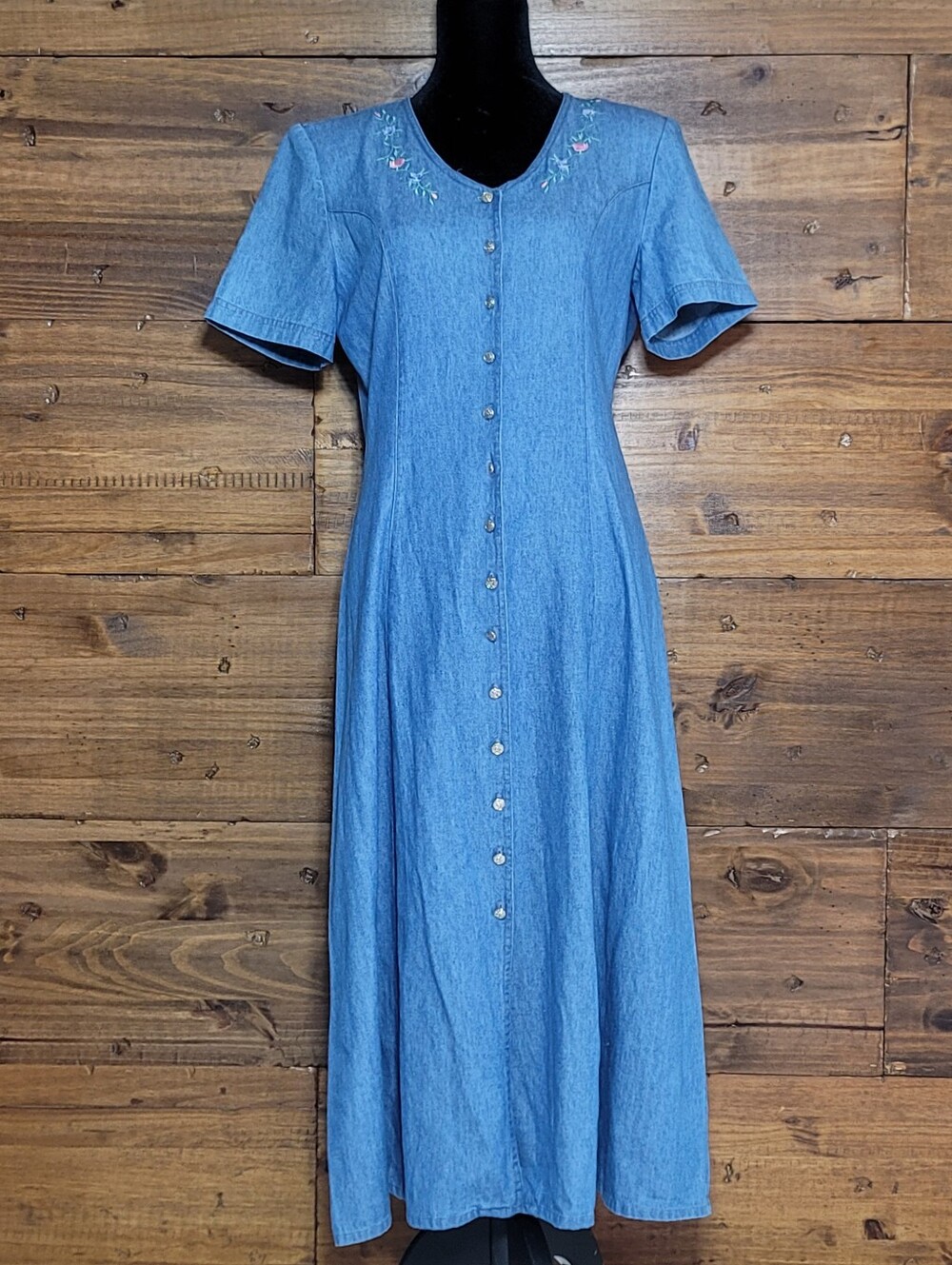 Vintage Denim Prairie Blue Dress Embroidered Flowers Size 10